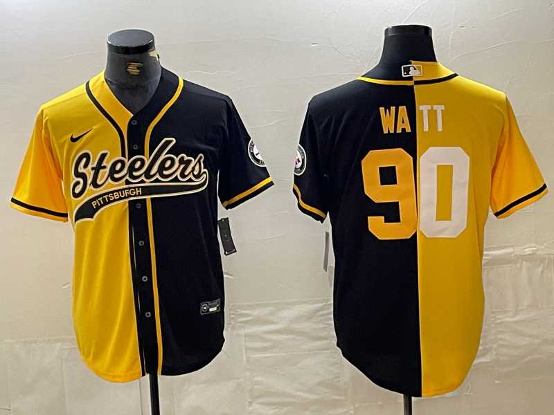 Men's Pittsburgh Steelers #90 TJ Watt Yellow Black Split With Patch Cool Base Stitched Baseball Jersey Dzhi,We sell and wholesale Men's Pittsburgh Steelers #90 TJ Watt Yellow Black Split With Patch Cool Base Stitched Baseball Jersey Dzhi on line form chian!